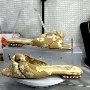 (S1)Jessica Simpson, jute sandals with floral print and rhinestone heel,Sz 8.5 M